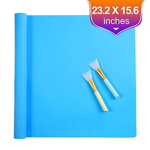 Oversize Silicone Craft mat(23.2 in x 15.6 in), Liquid, Resin Jewelry Casting Molds Mat, Multi-Purpose Food Grade Silicone Placemat (Blue), with 2 PCS Silicone Brushes