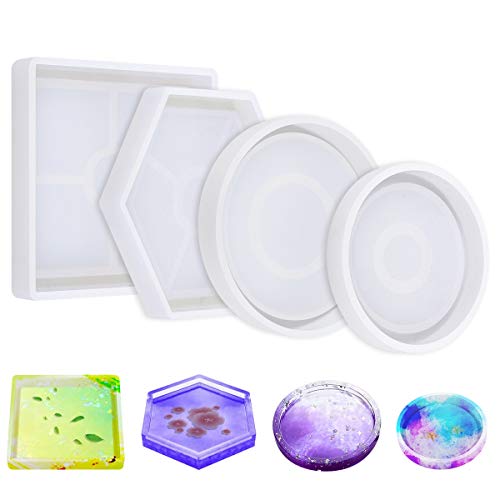 DIY Coaster Silicone Mold, Pack of 4 Resin Molds for Casting Eco-Friendly Sturdy Hexagon Square Round Mold Bottom Bracket for Casting with Resin,Concrete,Cement