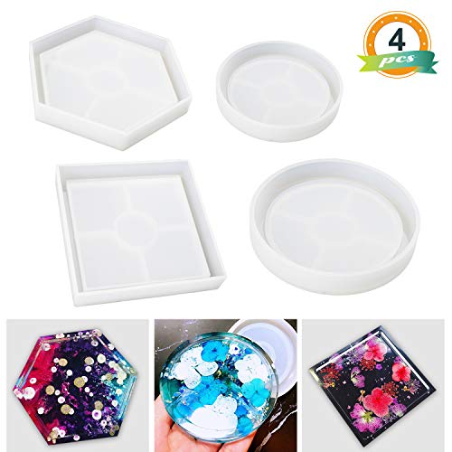 LET'S RESIN Silicone Coaster Molds 4Pcs Epoxy Resin Molds, Square Round Hexagon Molds for Making Coasters, Candle Holders, Flower Pot Holders, Bowl Mat